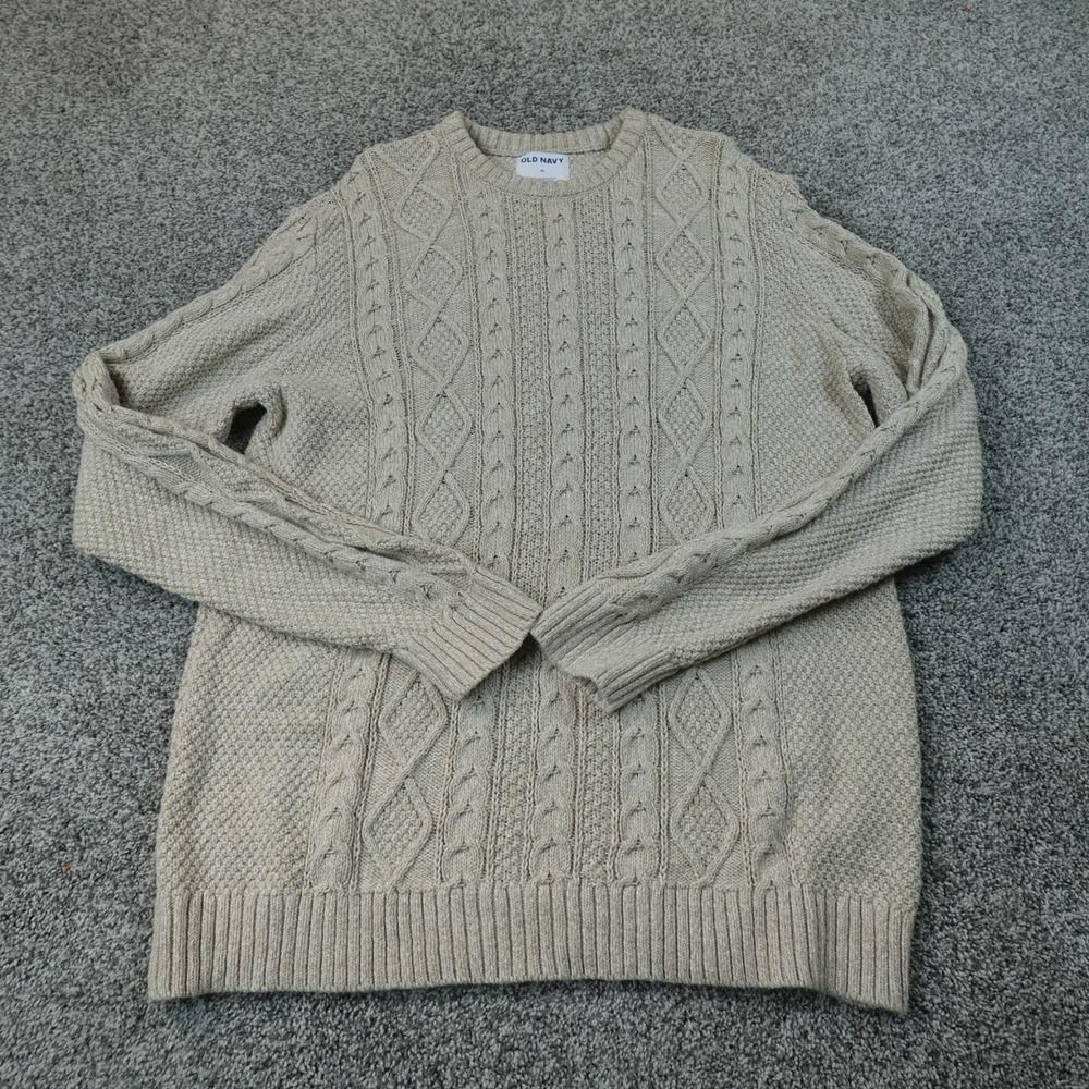 Old Navy Sweater Mens XL Beige Tan Aran Cable Knit Crewneck Pullover Fisherman